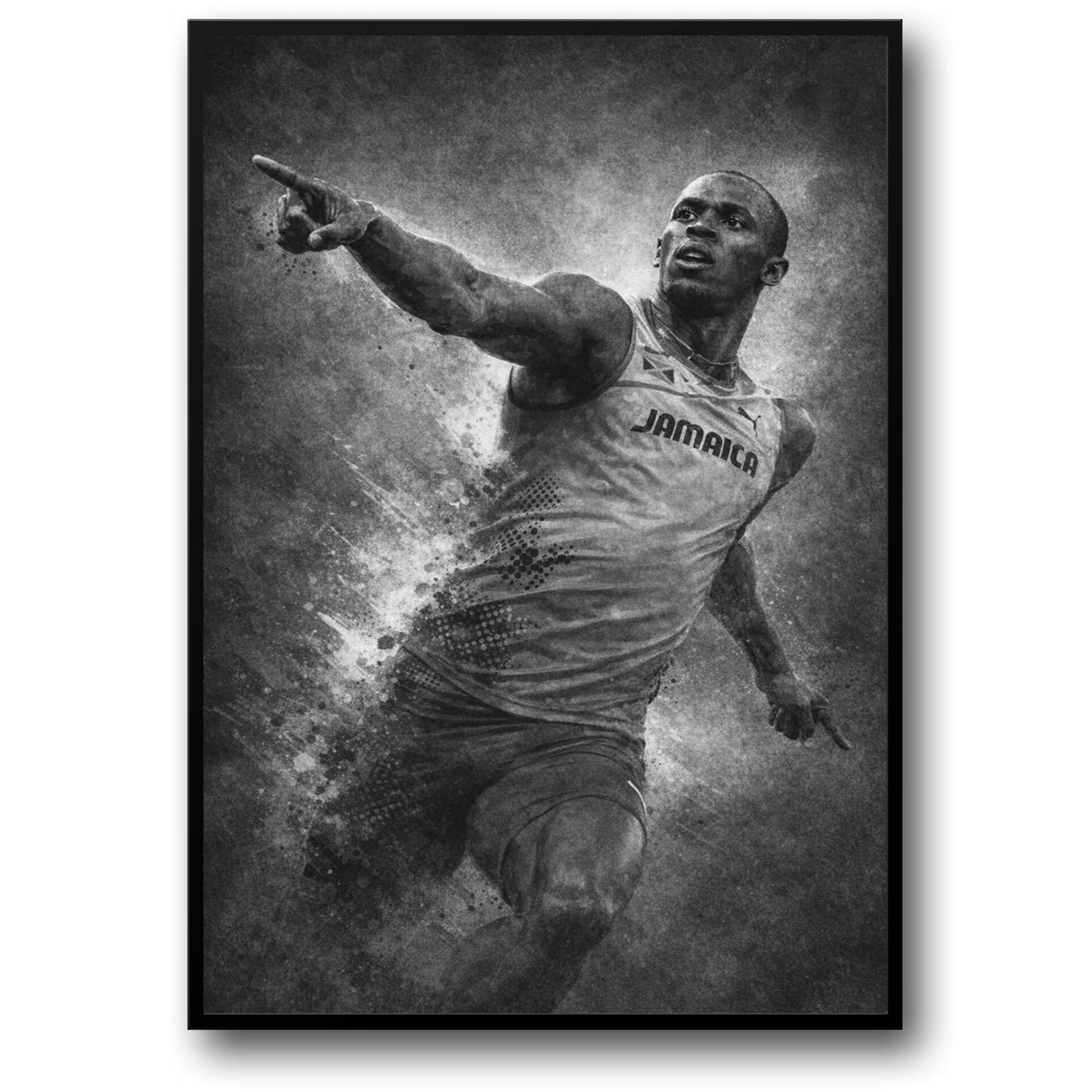 Usain Bolt | Sports Wall Art | Athlete in Jamaica Jersey | Artistic Grunge Style | Monochrome Print for Home, Office, Gym Decor | Energetic & Motivational Poster | Inspiring Athletic Art Print