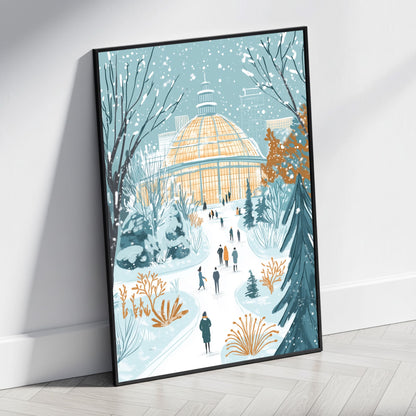 Winter Wonderland | Serene Botanical Garden Pathway with Snowfall | Iconic Glass-Domed Conservatory Scene | Vibrant Blue & Orange Illustration | Ideal Winter Decor Print | Perfect Seasonal Artwork Poster