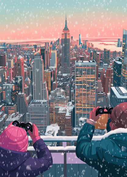 Scenic Winter Cityscape | Iconic Urban Skyline | Snowfall Scene | Dual Figures with Binoculars | Stunning Skyscrapers | Sunset Poster | Premium Quality Print | Captivating Wall Art for Home or Office Decor