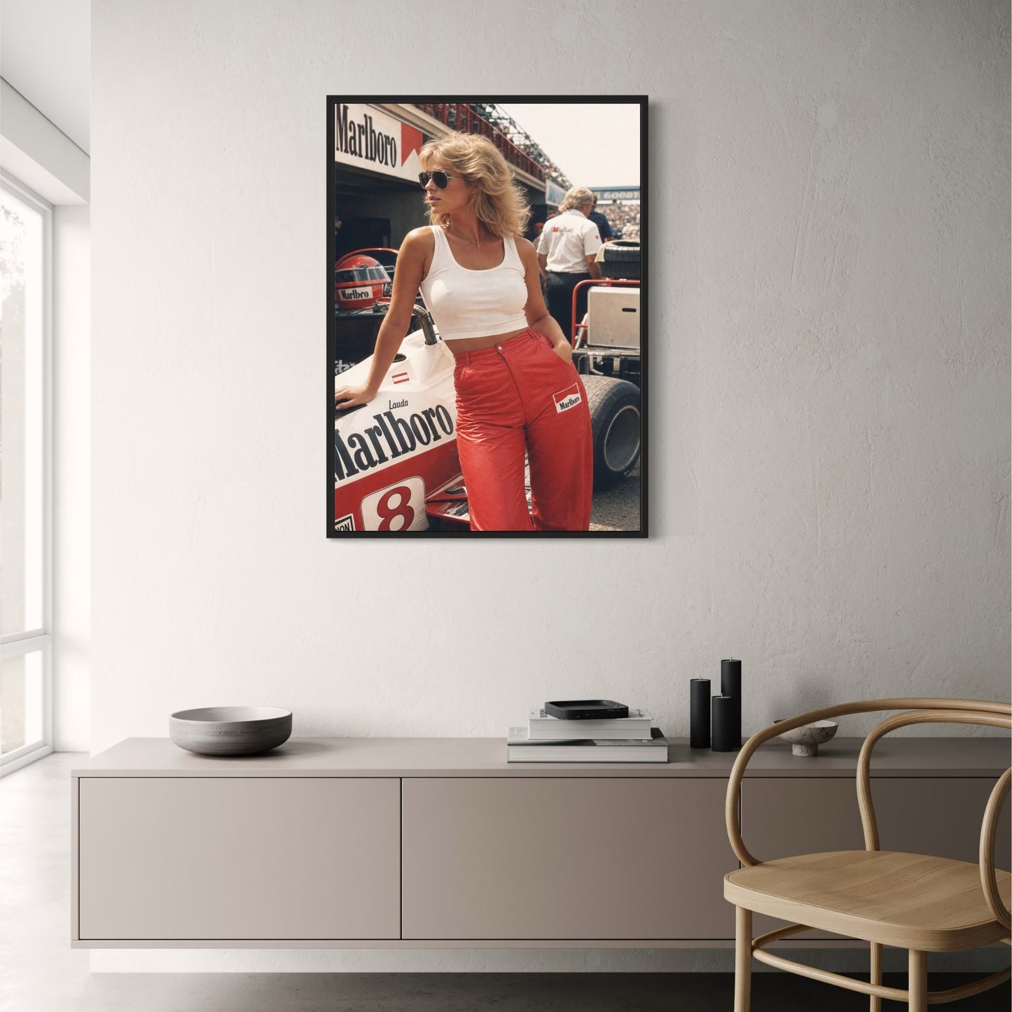 Vintage Racing Scene | Retro Marlboro Theme | Iconic Formula 1 Car | 80s Style Fashion | Motorsport Art Print Poster