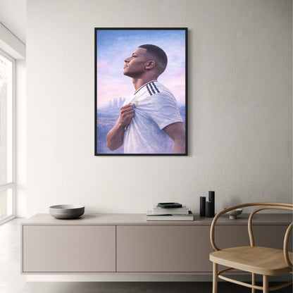 Inspirational Sports Artwork | Football Player Illustration with Team Emblem | Cityscape Background | Motivational Poster Print | Modern Decor for Sports Enthusiasts | Athletic Spirit and Dedication