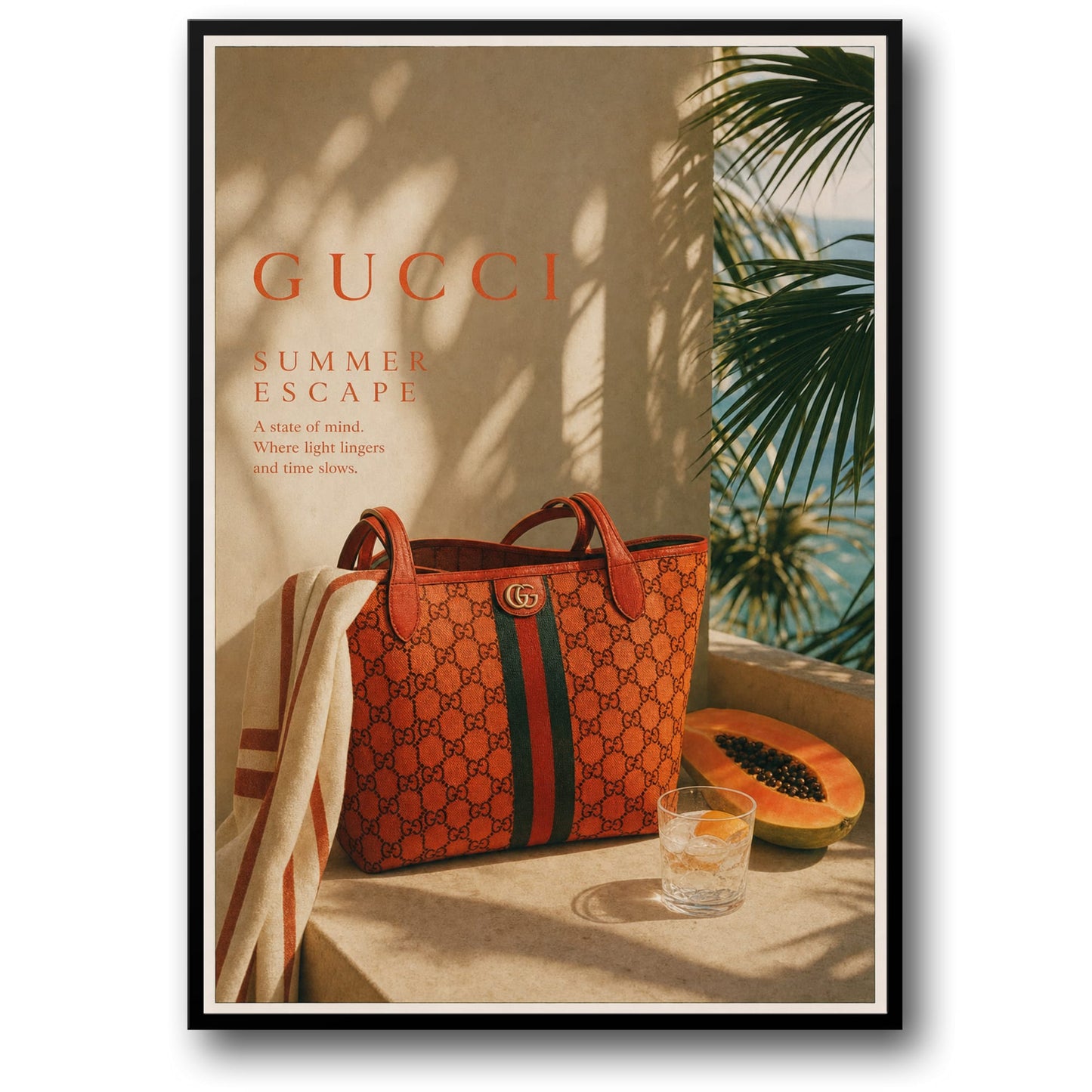 Gucci Summer Escape Luxury Fashion Art | Stylish Bag and Tropical Vibes | Premium Wall Poster Print for Home Decor