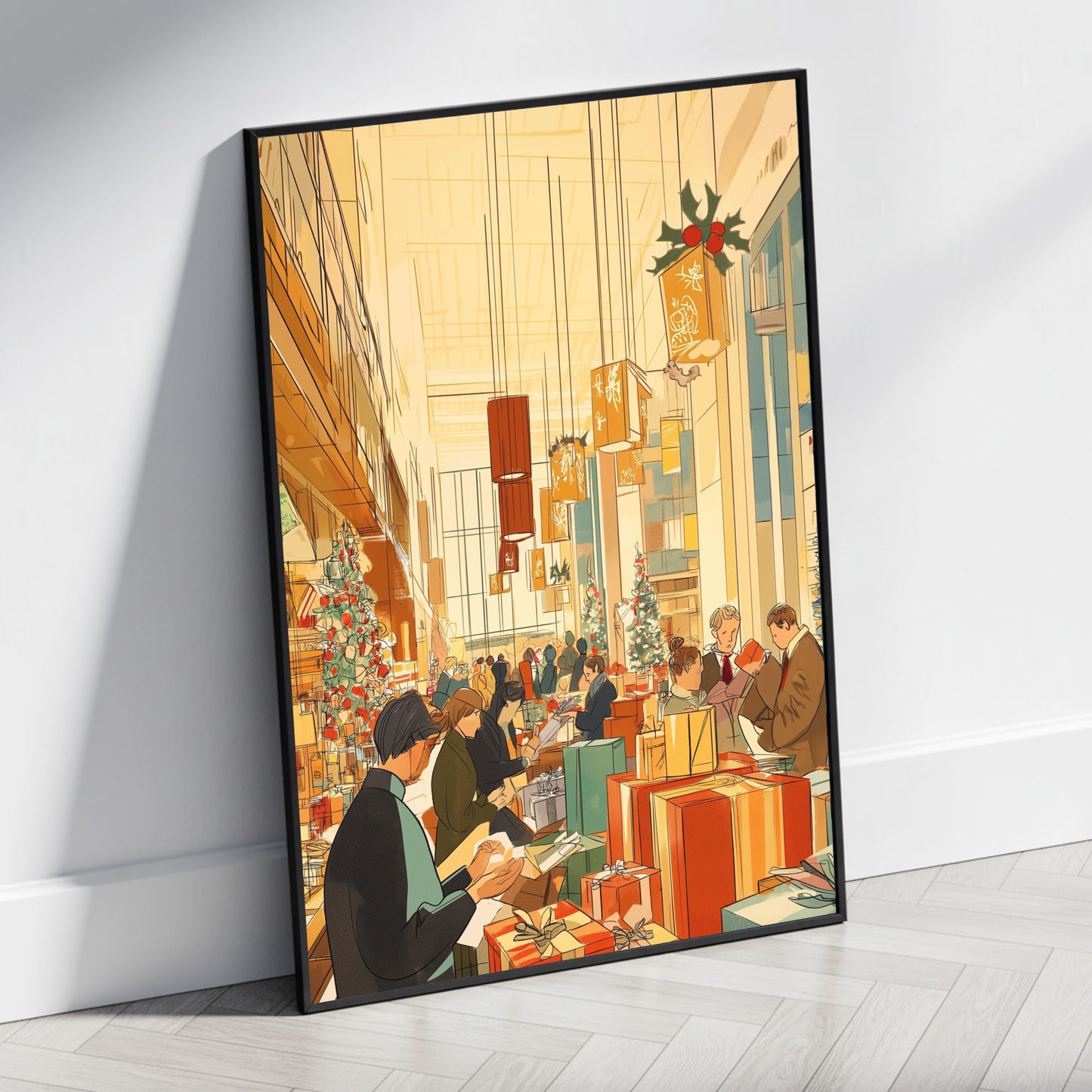 Festive Shopping Scene | Christmas Decor & Gift Exchange | Stylish Department Store | Seasonal Gift Boxes | Holiday Spirit Poster & Print