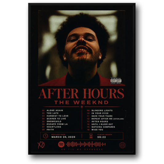 After Hours Muziek Poster | Iconische Album Kunstafdruk | Trendy Wanddecoratie | Perfect voor Muziekfans | Liedlijst Inbegrepen | Premium Kwaliteit Afdruk | Ideaal Cadeau voor Verzamelaars en Enthousiastelingen | Stijlvolle Poster