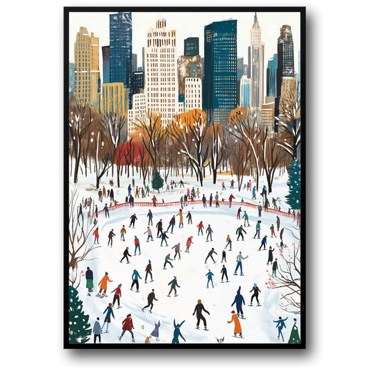 Festive Winter Wonderland | Vibrant Cityscape Background | Crowd of Skaters | Urban Snow-Filled Holiday Experience | Poster | Print
