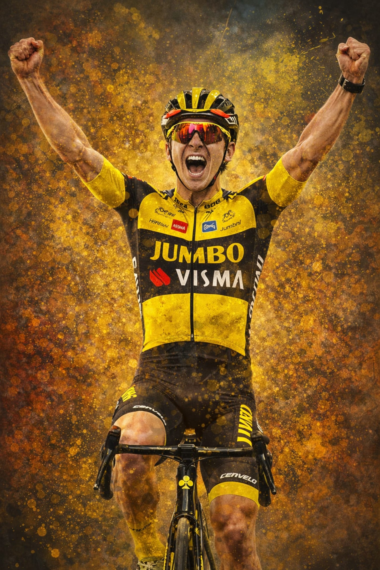 Triumphant Cyclist | Vibrant Jumbo Visma Team Gear | Intense Energy Burst | Sports Victory | Cycling Enthusiast | Cervélo Bike | Home Decor Poster Print