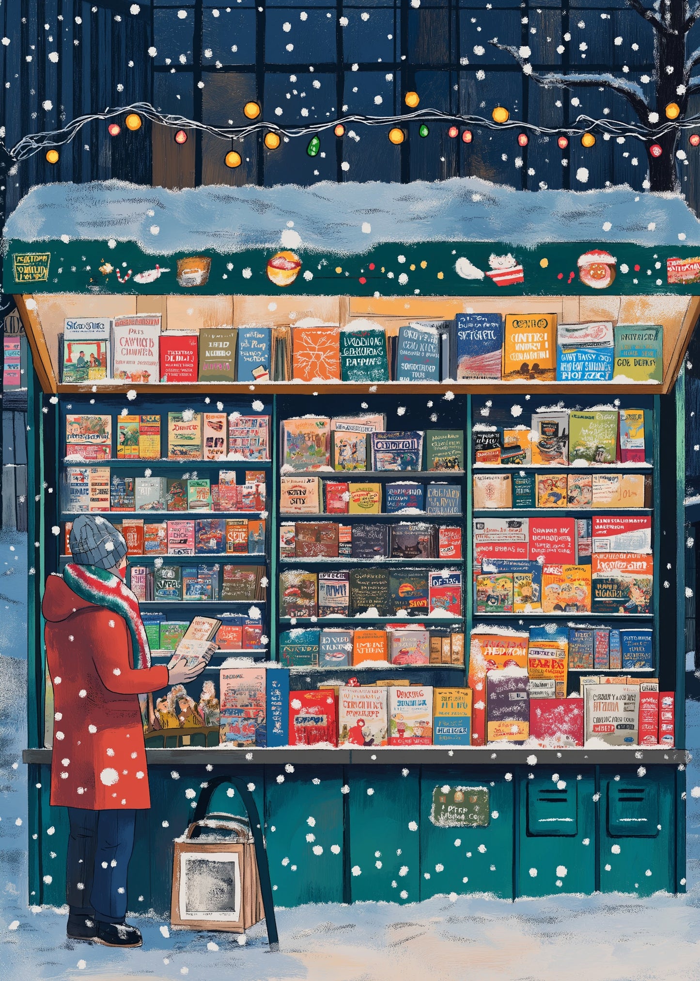 Winter Wonderland Poster | Cozy Snowy Scene | Enthusiastic Reader in Red | Exploring Books | Festive String Lights | Holiday Atmosphere | Snowflakes in Urban Setting | Perfect Home Décor Print for Book Lovers