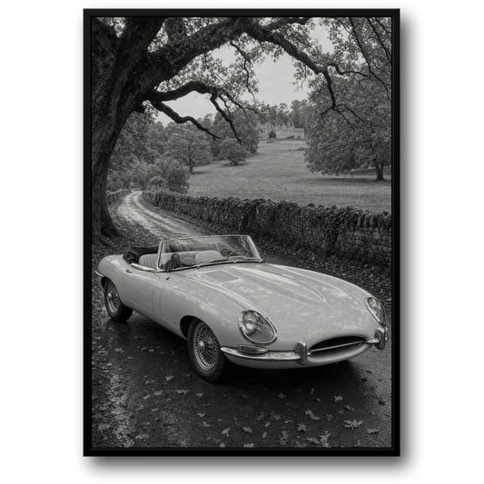 Vintage Auto in Plattelands Scene | Klassieke Roadster Kunst | Tijdloze Zwart-wit Print | Elegante Poster voor Thuisdecoratie