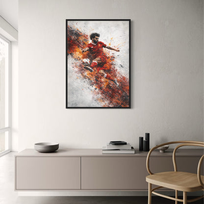 Soccer Art | Player Red & Orange Motion | Brush Stroke Effects | Vibrant Sports Decor | Wall Print for Enthusiasts | Athletic Action Poster