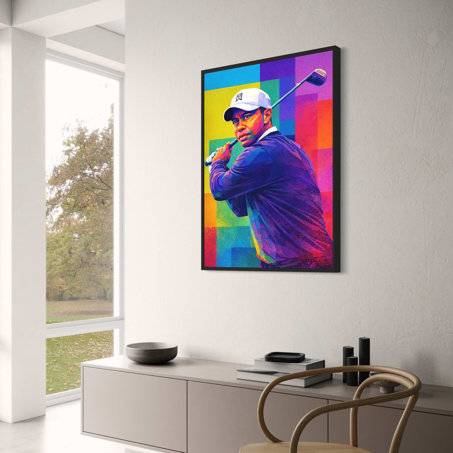 Tiger Woods | Vibrant Geometric Golf Art | Abstract Colorful Golfer Portrait Swing | Pop Art Cubism Wall Decor | Unique Print Poster
