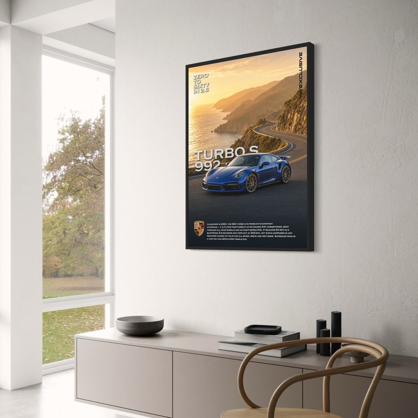 Porsche 992 Turbo S | Luxe Auto Prestaties Kunst | Van Nul naar Zestig in 2,6 Print | Prachtige Kustrit Poster
