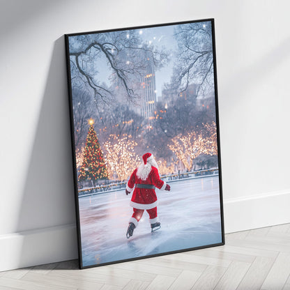 Enchanting Urban Christmas Scene | Santa Claus Ice Skating | Festive Wonderland Poster | Glittering Holiday Decor | Christmas Lights & Decor | Snow-Covered Cityscape | Magical Seasonal Print | Home & Office Wall Art