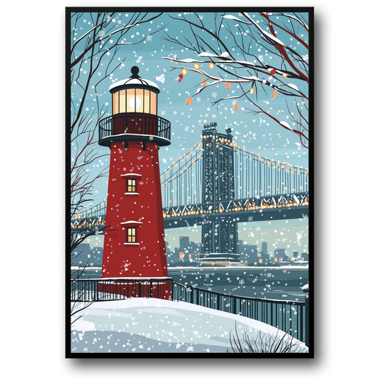 Scenic Winter Wonderland Art | Red Lighthouse in Snow | Cityscape & Bridge | Holiday Lights & Falling Snowflakes | Nature Enthusiast Gift | Large Wall Print | Tranquil Seasonal Decor | Serene Atmosphere