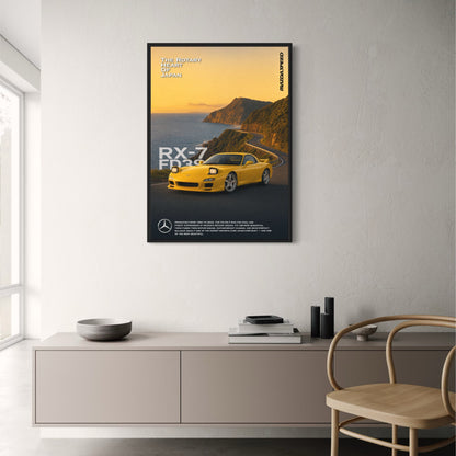 Mazda RX-7 FD3S Yellow | Iconic Japanese Sports Car Scenic Road | Automotive Art Print Poster