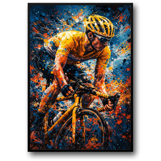 Sport Kunst | Intense Fietser in Geel Shirt | Blauwe & Oranje Spatten | Energie & Beweging | Motiverende Poster Print