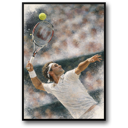 Roger Federer | Tennis Scene | Watercolor Style | Action-Packed Tennis Player Serve | Sport Room Art | Vibrant Action Poster Print