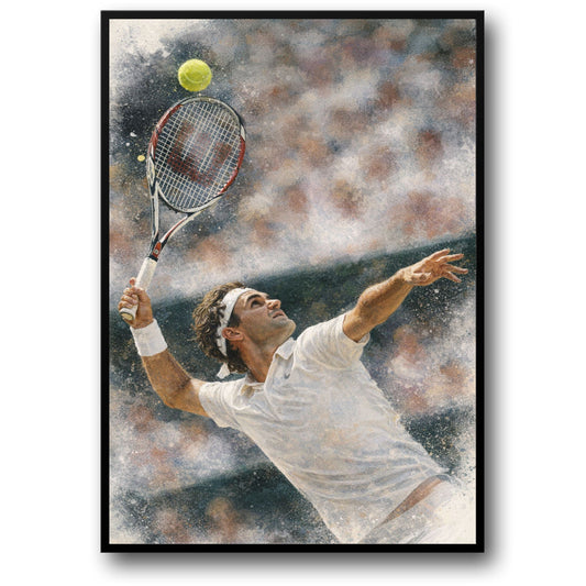 Roger Federer | Tennis Scène | Aquarel Stijl | Actievolle Tennis Speler Service | Sport Kamer Kunst | Levendige Actie Poster Print