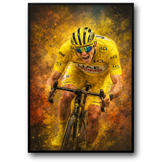 Fiets Atleet Kunst | Intense Sport Poster | Levendige Gele Outfit | Adrenaline Race Poster | Gespetterde Verf Effect | Fiets Enthousiast Wandkunst | Team Branding Print | Sportieve Decor | Thuis Gym Poster