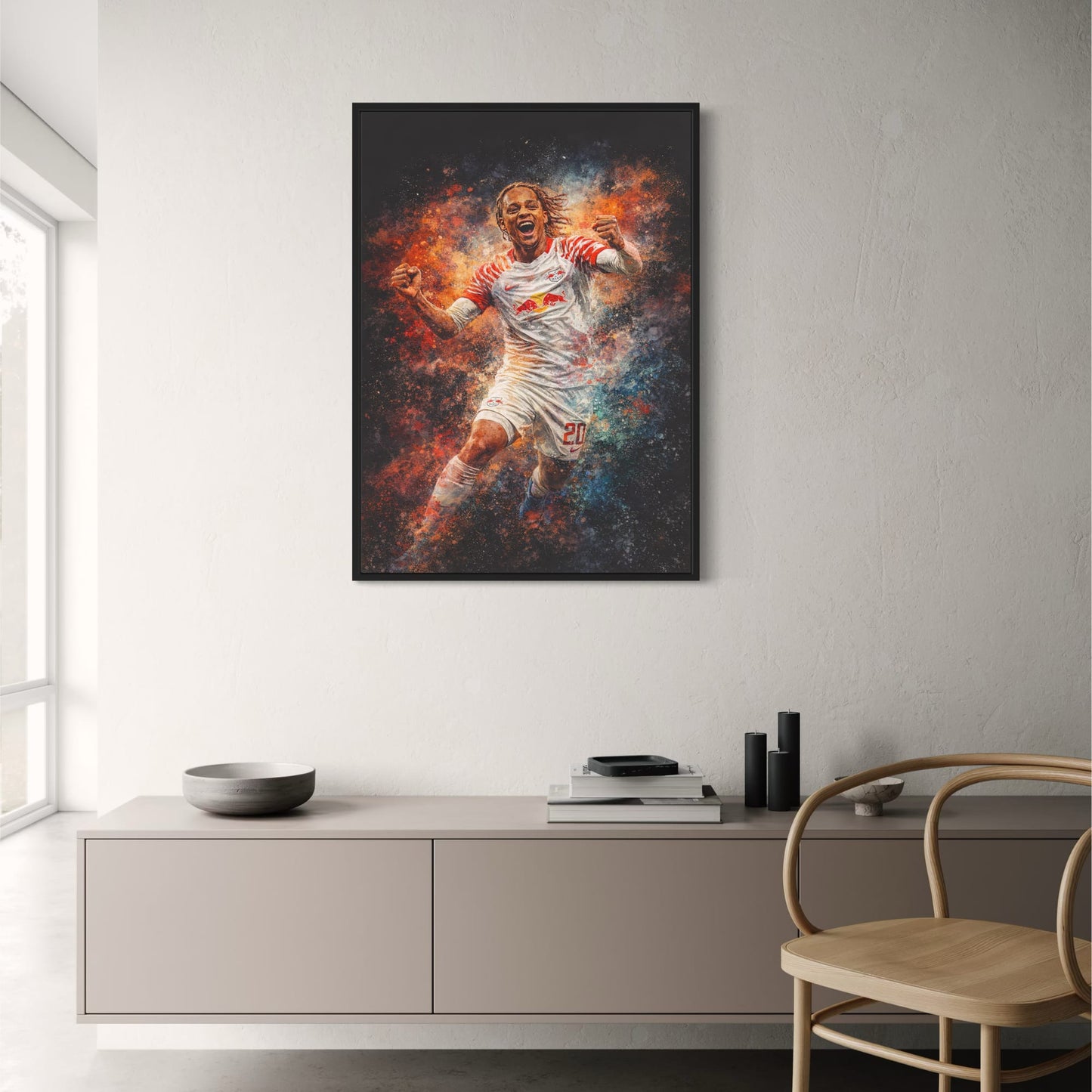 Yussuf Poulsen | Soccer Canvas | Energetic Football Art Decor | Vibrant Soccer Celebration Poster | Red Bull Leipzig Themed Print | Perfect Wall Art for Sports Bars | Inspirational Decor for Football Enthusiasts