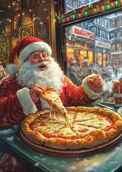 Santa Claus | Festive Holiday Pizza Celebration | Cozy Winter Café | Christmas Lights | Snowy Streetscape | Seasonal Cheer | Poster Print