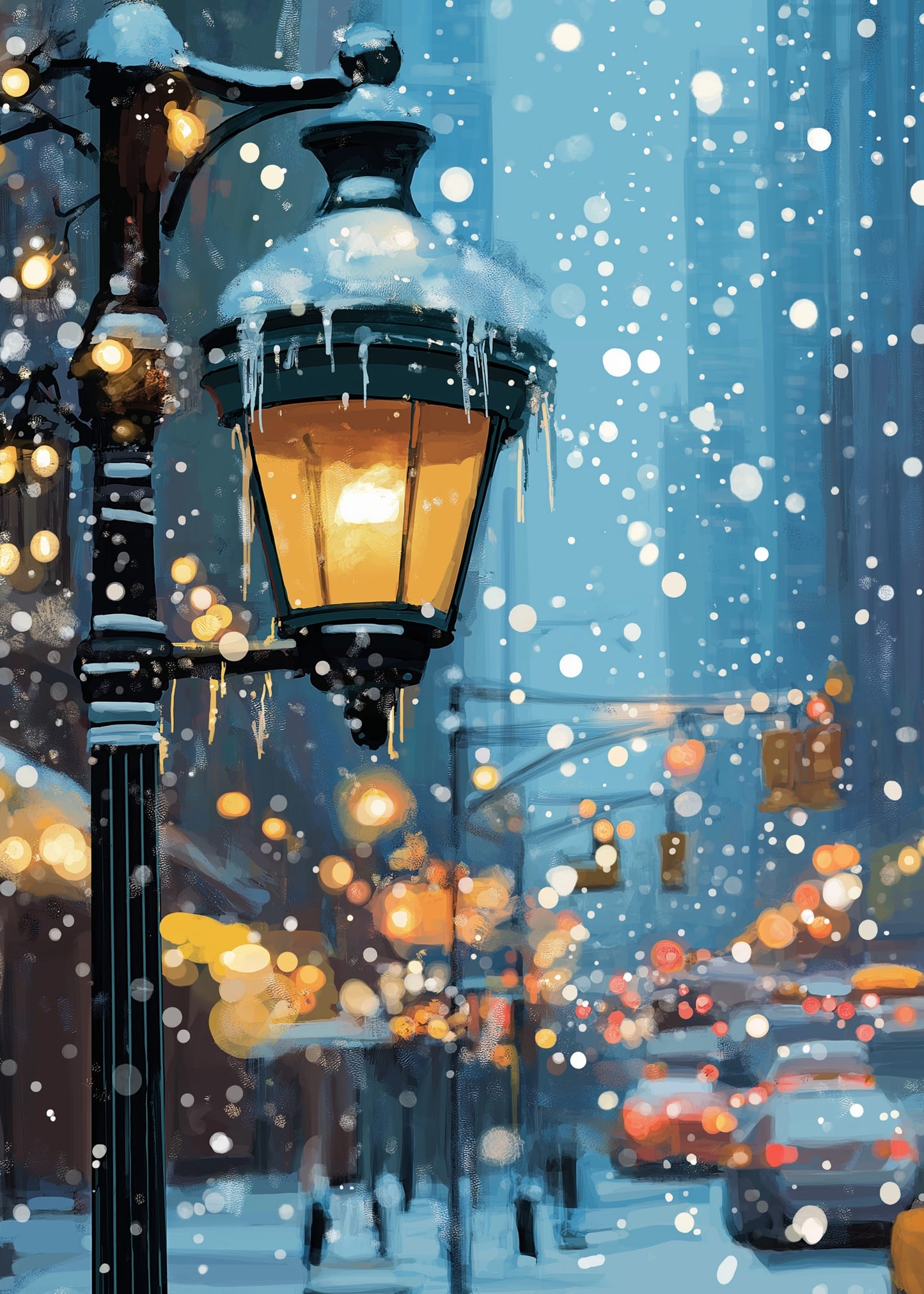 Winter Wonderland | Urban Street Scene | Snow-Covered Lamp Post | Falling Snowflakes | Cityscape Backdrop | Warm Glowing Print | Home Office Decor Poster