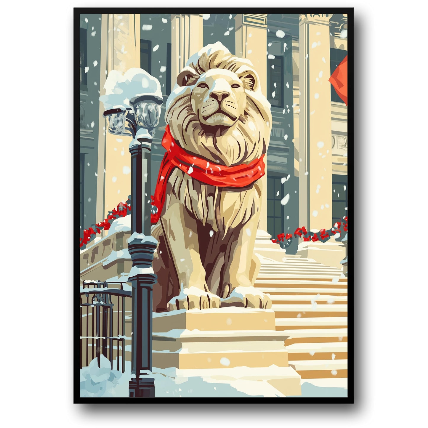 Regal Lion Statue in Snow | Bright Red Scarf | Urban Setting | Festive Garlands | Holiday Spirit | Classic Architecture | Poster Print