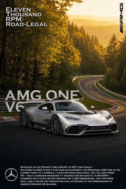AMG One V6 | Eleven Thousand RPM Road-Legal | High Performance Car Poster | Iconic Supercar Print for Automotive Enthusiasts