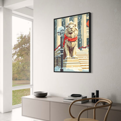 Regal Lion Statue in Snow | Bright Red Scarf | Urban Setting | Festive Garlands | Holiday Spirit | Classic Architecture | Poster Print