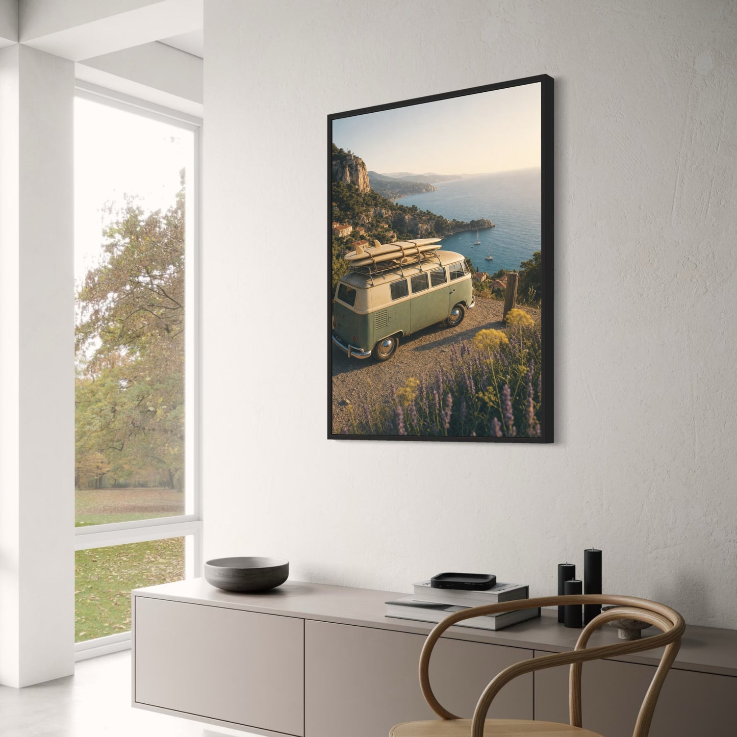 Vintage Surf Van Coastal Road Trip | Scenic Ocean View | Travel Adventure Art Print | Retro Photography Poster