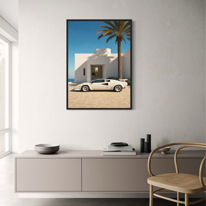 White Luxury Sports Car by Modern Villa | Classic Style Home Decor Print | Exclusive Wall Art Poster
