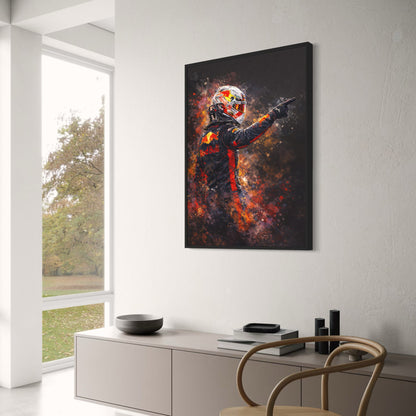 Max Verstappen | Racing Driver Artwork | Motorsport Print | Red Bull Branding | Vibrant Red & Black | Splatter Art Background | High-Speed Energy | Decorative Poster