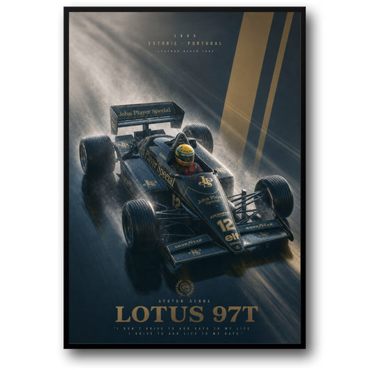 Ayrton Senna Lotus 97T 1985 Estoril Portugal Legende Raceauto Poster | Iconische F1 Racing Print | Motorsport Muurkunst