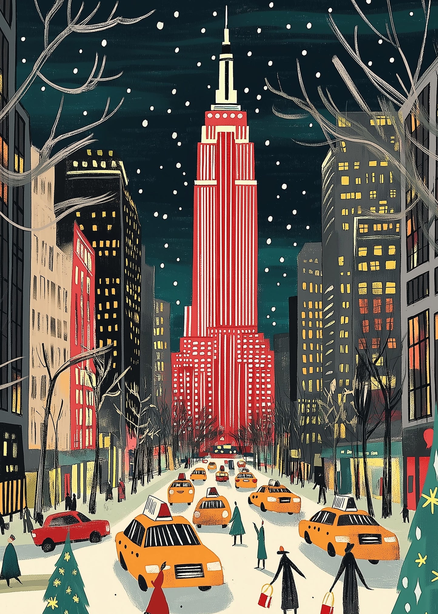 Empire State Building | Colorful Winter Cityscape | Festive Red & White | Snowflakes | Holiday Spirit | Vibrant Street Scene | Urban Winter Charm | Yellow Taxis | Holiday Shoppers | Snow-Covered Avenue | Print Poster