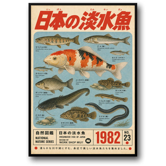 Zoetwatervissen van Japan 1982 | Vintage Nationale Natuur Serie | Geïllustreerd Japans Aquatisch Leven Afdruk Poster Decor