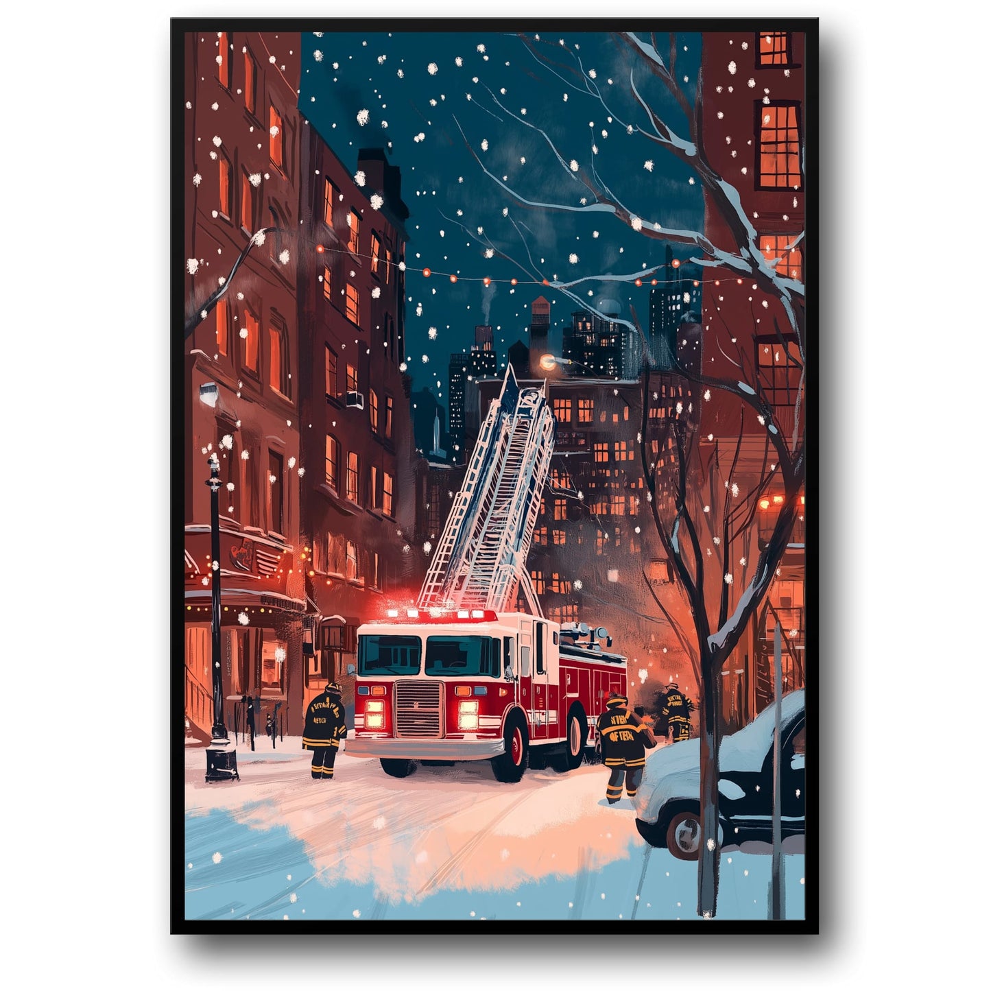 Vibrant City Nightscape | Heroic Firefighters in Action | Ladder Truck in Snow-Covered Urban Scene | Street Art Print | Urban Poster