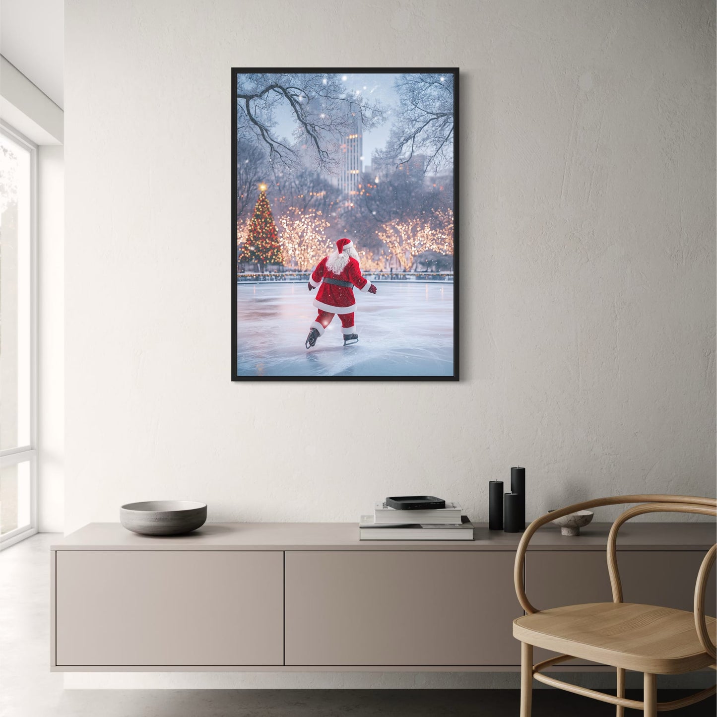 Enchanting Urban Christmas Scene | Santa Claus Ice Skating | Festive Wonderland Poster | Glittering Holiday Decor | Christmas Lights & Decor | Snow-Covered Cityscape | Magical Seasonal Print | Home & Office Wall Art