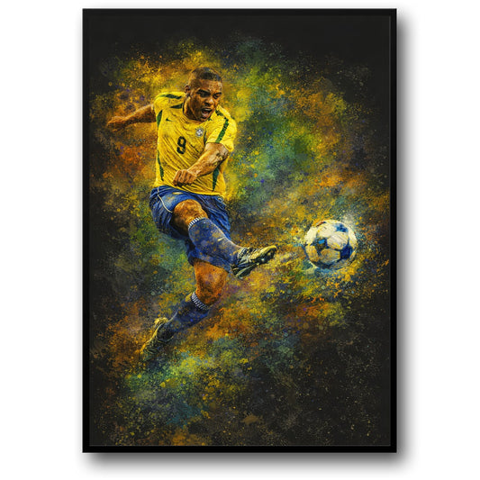 Braziliaanse Voetballer Kunst | Sport Poster met Schop | Energieke Geel Groen Blauw Spetter | Woon Wanddecoratie Print