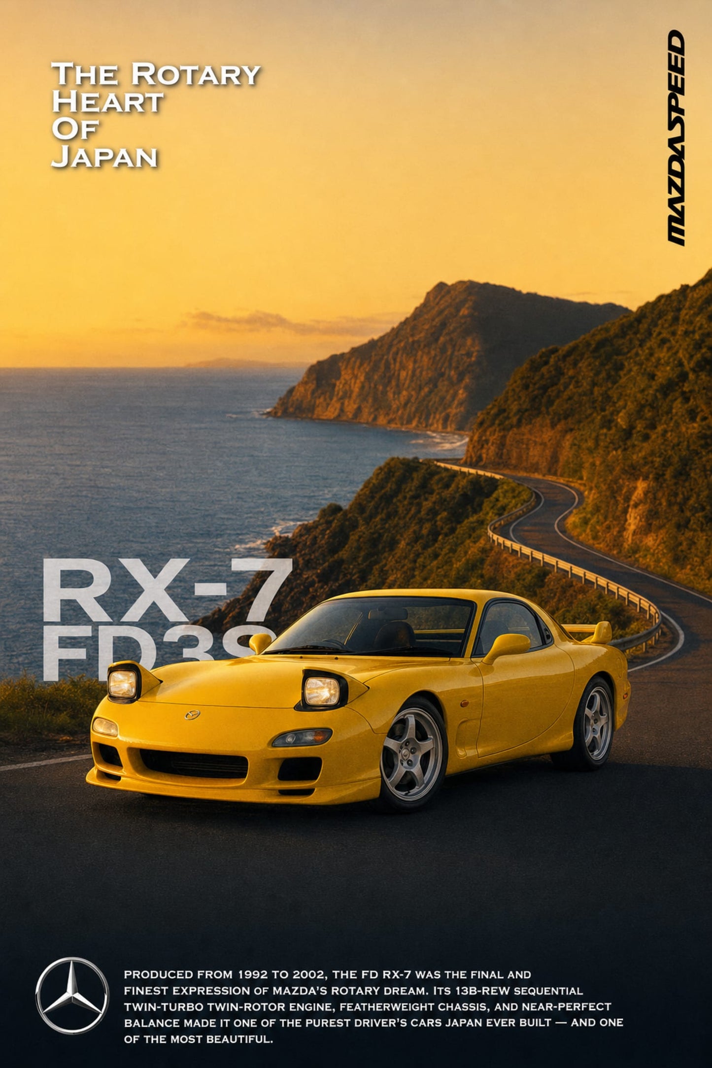 Mazda RX-7 FD3S Yellow | Iconic Japanese Sports Car Scenic Road | Automotive Art Print Poster