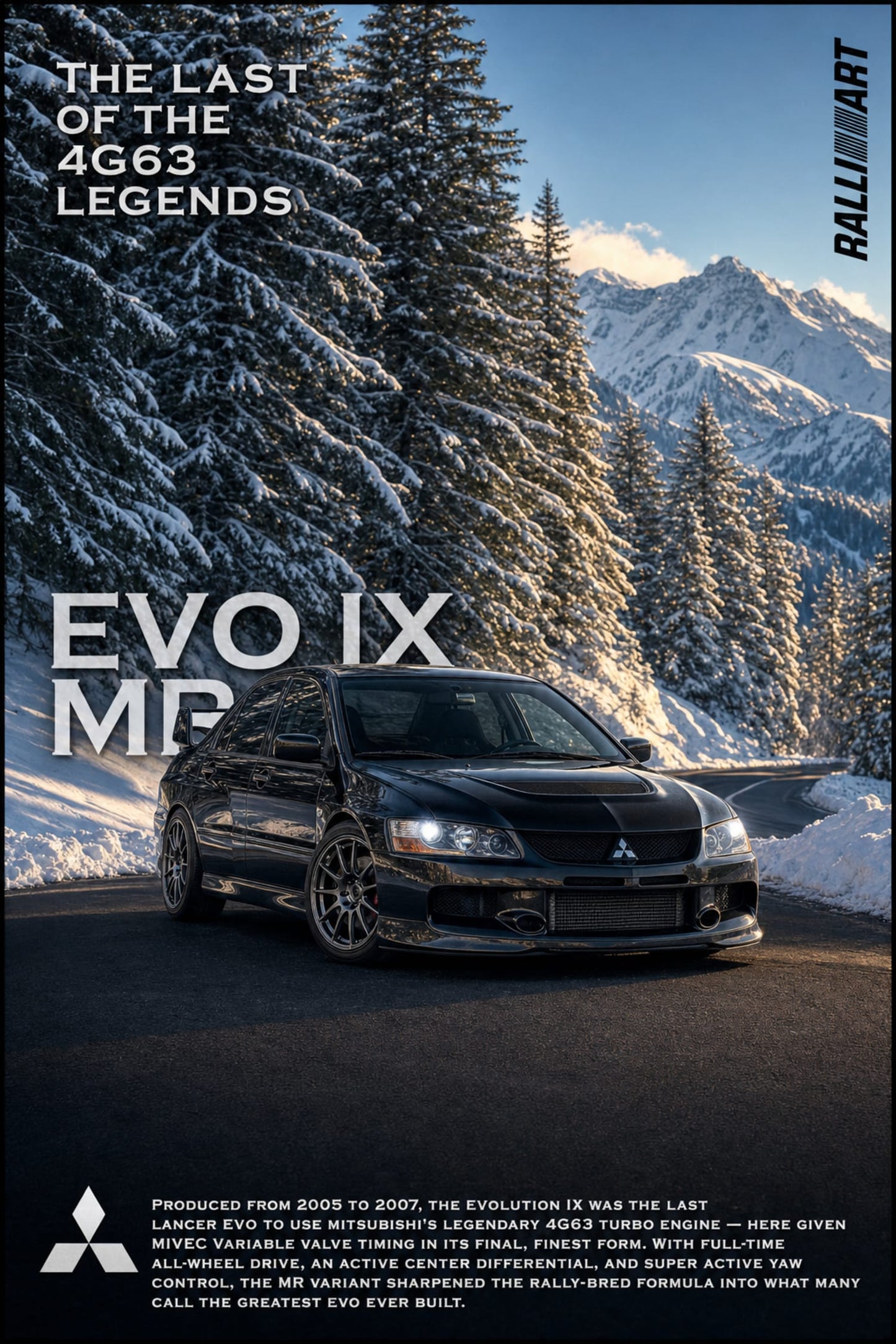 Mitsubishi Lancer Evolution IX MR Turbo | Iconic Car Art | Snowy Mountain Road Scenery | Legendary 4G63 Engine Tribute Poster Print