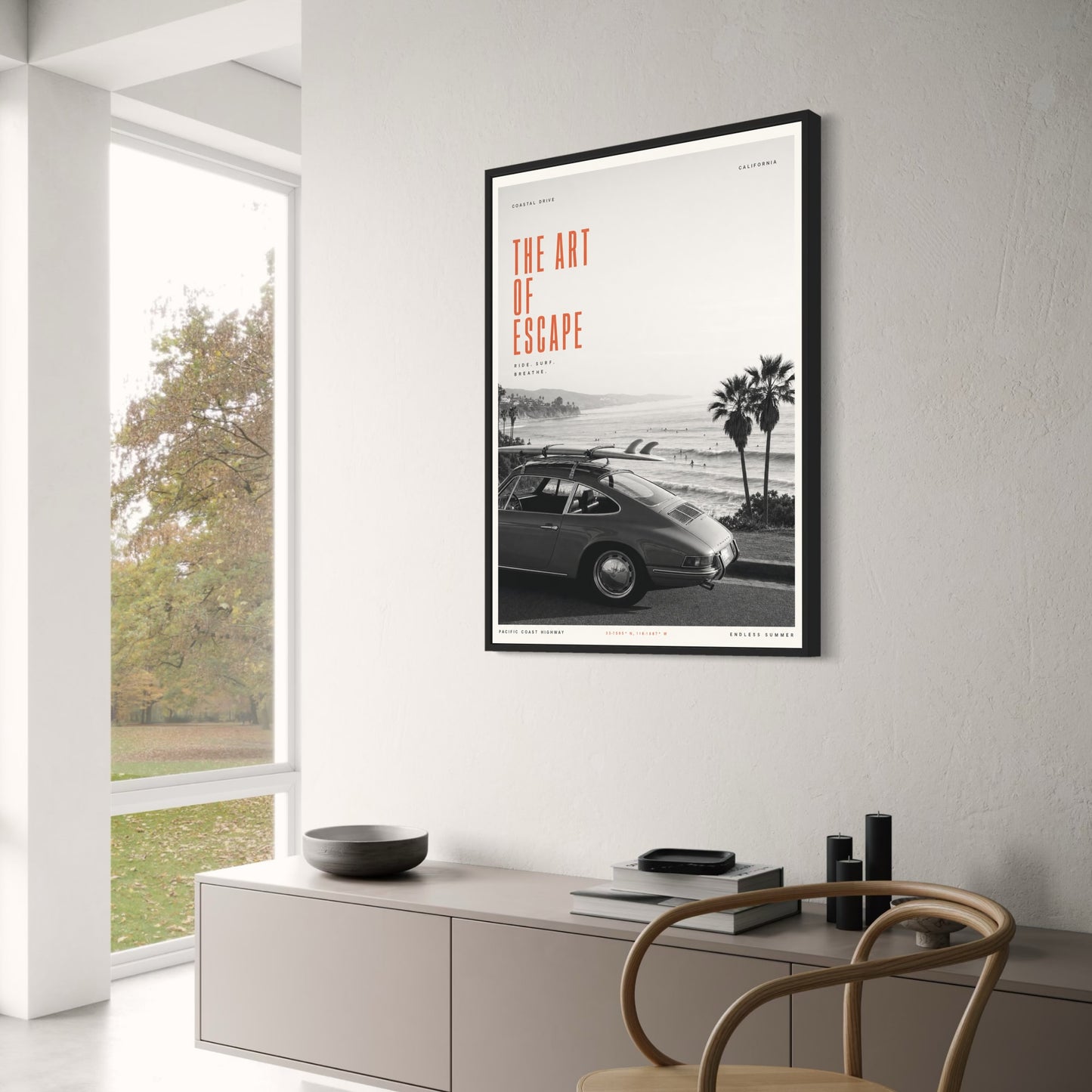 Classic Coastal Drive Car Scene | Surf Adventure | Art of Escape Poster | Travel Inspiration | California Scenic Print