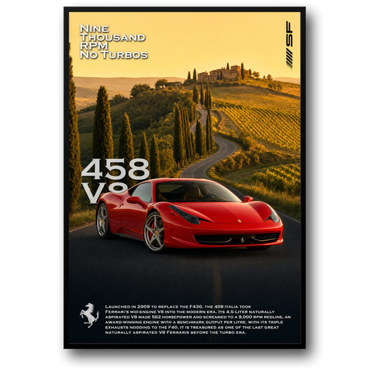 Ferrari 458 V8 | Sportwagen Kunst | Rode Ferrari in Prachtig Italiaans Landschap | Automobiel Poster | Perfect Cadeau voor Autoliefhebbers | Muurdecoratie Print | Klassieke Auto Kunst Poster