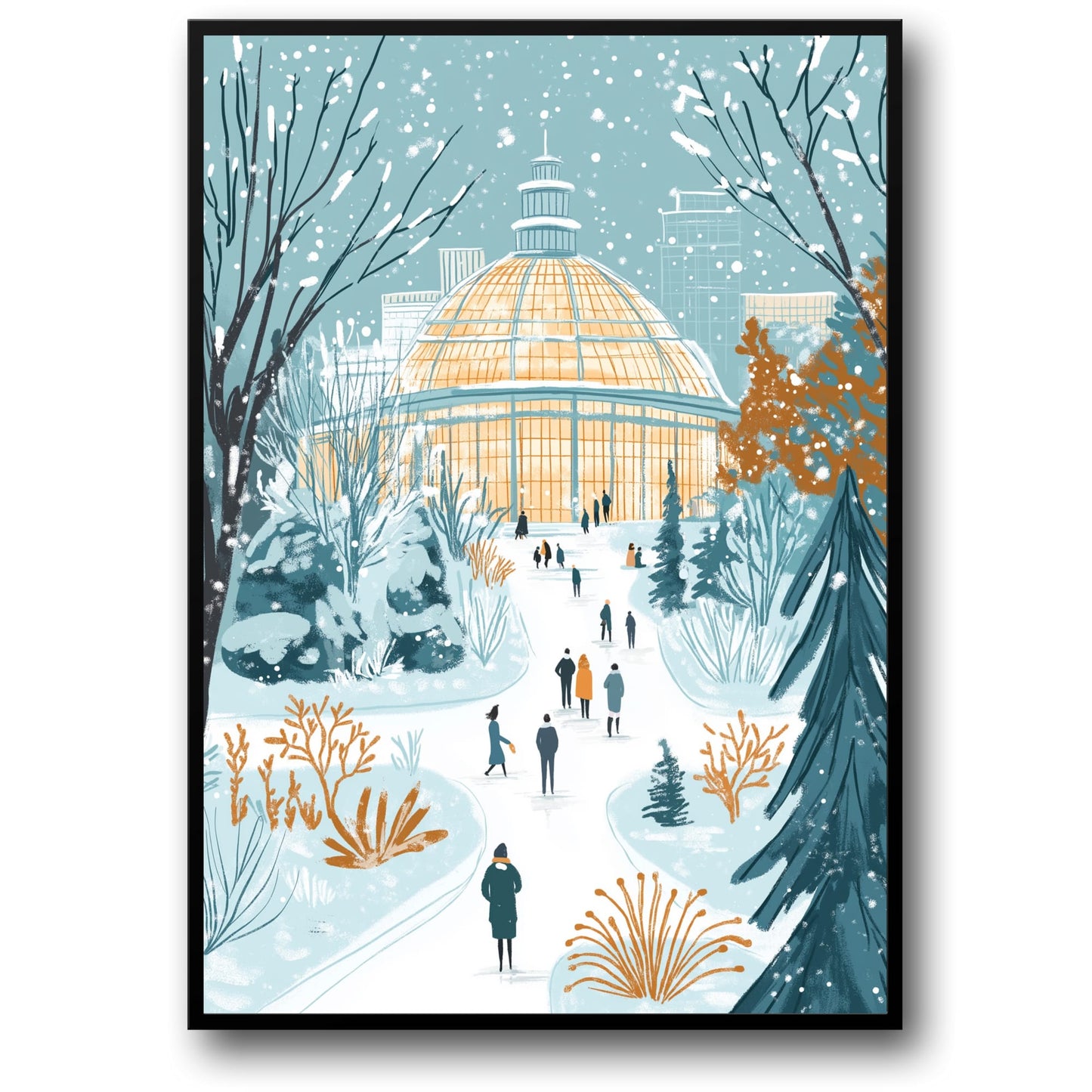 Winter Wonderland | Serene Botanical Garden Pathway with Snowfall | Iconic Glass-Domed Conservatory Scene | Vibrant Blue & Orange Illustration | Ideal Winter Decor Print | Perfect Seasonal Artwork Poster