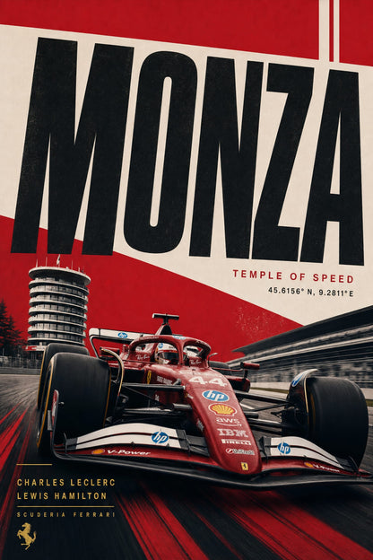 Monza Circuit Racing Art | Ferrari F1 Car Poster | Temple of Speed Print | Motorsport Wall Decor | Formula 1 Artwork for Fans | Racing Enthusiast Gift | High-Speed Track Poster