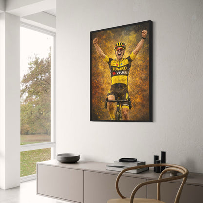 Triumphant Cyclist | Vibrant Jumbo Visma Team Gear | Intense Energy Burst | Sports Victory | Cycling Enthusiast | Cervélo Bike | Home Decor Poster Print