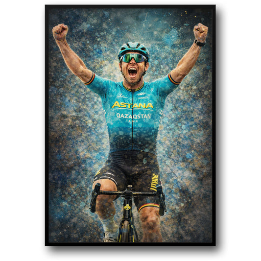 Astana Pro Team | Triomfantelijke Fietser Overwinning Print | Levendige Kleuren | Hoogwaardige Fiets | Fiets Passie | Ideaal voor Sportfans | Spectaculaire Deeltjes Achtergrond Poster