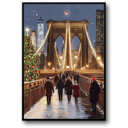 Brooklyn Bridge Festive Night | New York City Skyline | Illuminated Historic Architecture | Christmas Tree Print | Snowfall Poster | Iconic Holiday Atmosphere Art | Winter Coats | American Flag Visual Decor