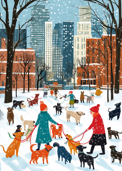 Charming Urban Winter Scene | Vibrant Dogs & Snowy Park | Skyline & Falling Snowflakes | Red Brick Buildings | Seasonal Poster Print