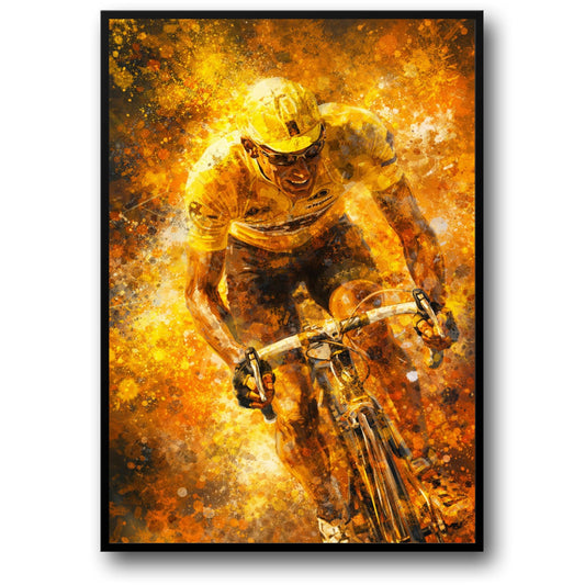Fiets Kunst | Energieke Gele Tandwiel Fietser | Abstracte Kleuren Penseelstreken | Levendige Poster | Hoge Kwaliteit Print | Boeiende Decoratie | Motiverende Kunst | Perfect voor Thuis of Kantoor