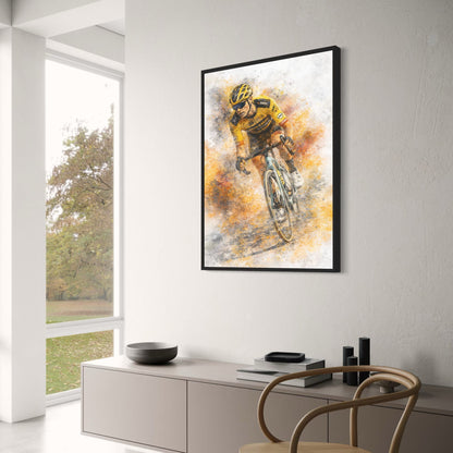 Cycling Wall Art | Professional Road Cyclist in Yellow & Black Team Kit | Modern Sports Poster Print for Gym or Home Decor Enthusiasts