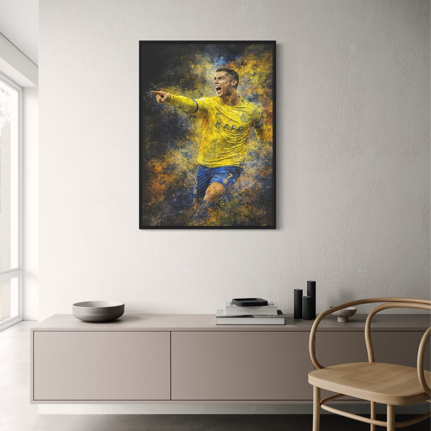 Cristiano Ronaldo | Soccer Art | Vibrant Poster with Athlete in Yellow & Blue | Unique Paint Splatter | Inspirational Home Decor | Action Print for Sports Enthusiasts & Art Lovers | Motivational Wall Artwork